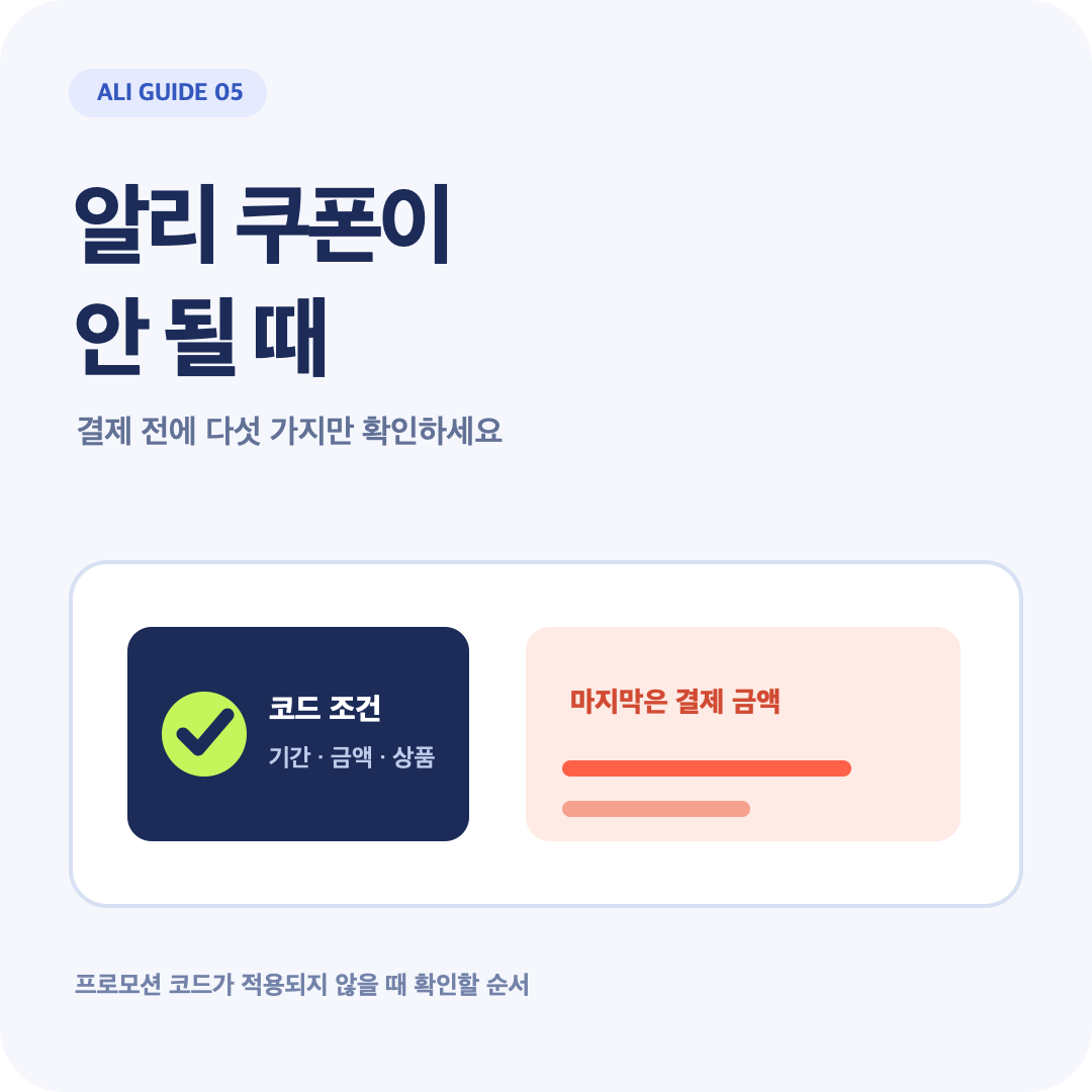 알리 쿠폰이 안 될 때 결제 전 확인할 내용을 큰 글자로 보여주는 정사각 대표 이미지